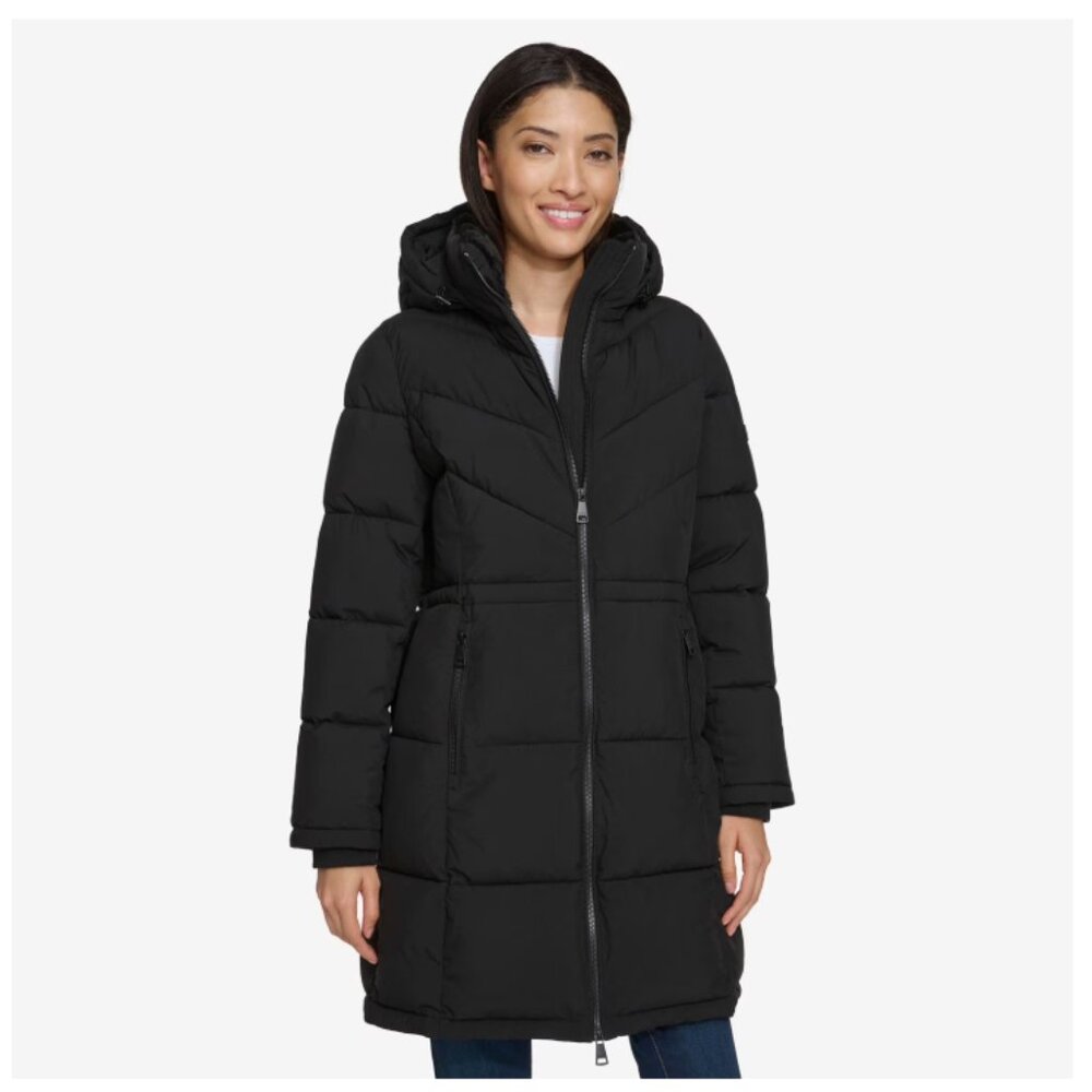 DKNY Women's Black Long Hooded Puffer Coat